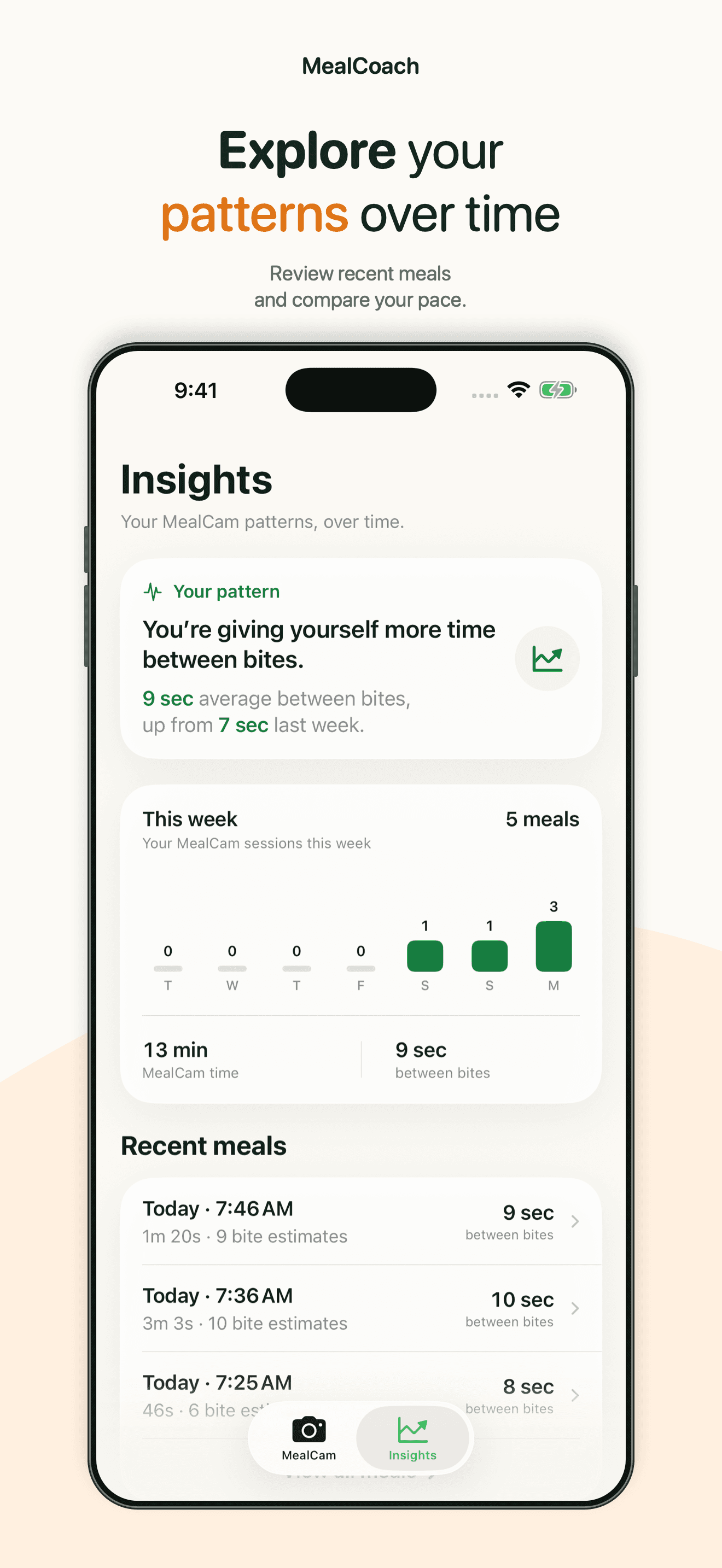 Complete MealCoach Insights screen with recent meals and average time between bites