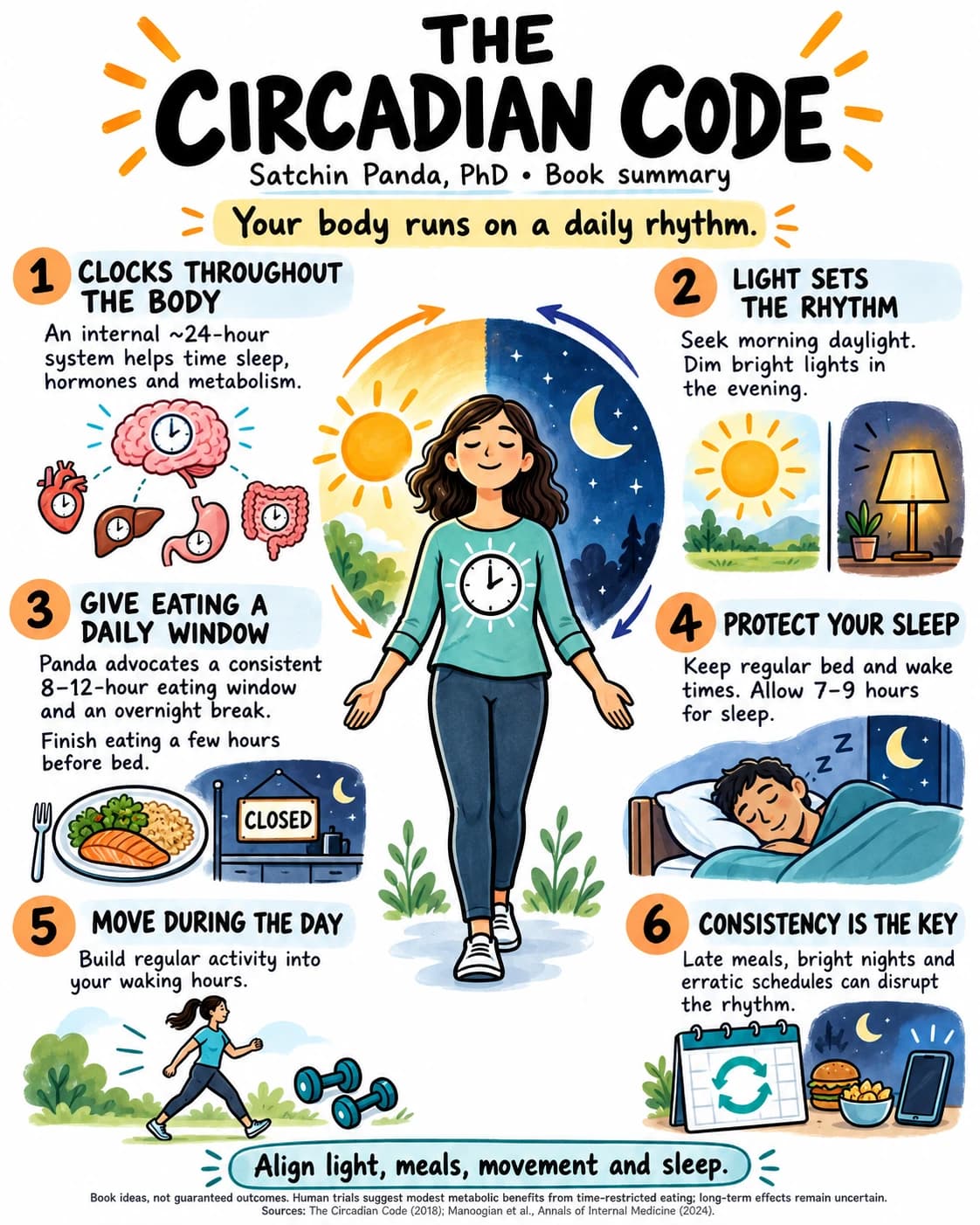 Illustrated summary of The Circadian Code by Satchin Panda in six panels: clocks throughout the body, light sets the rhythm, a daily eating window, protecting sleep, moving during the day, and consistency.