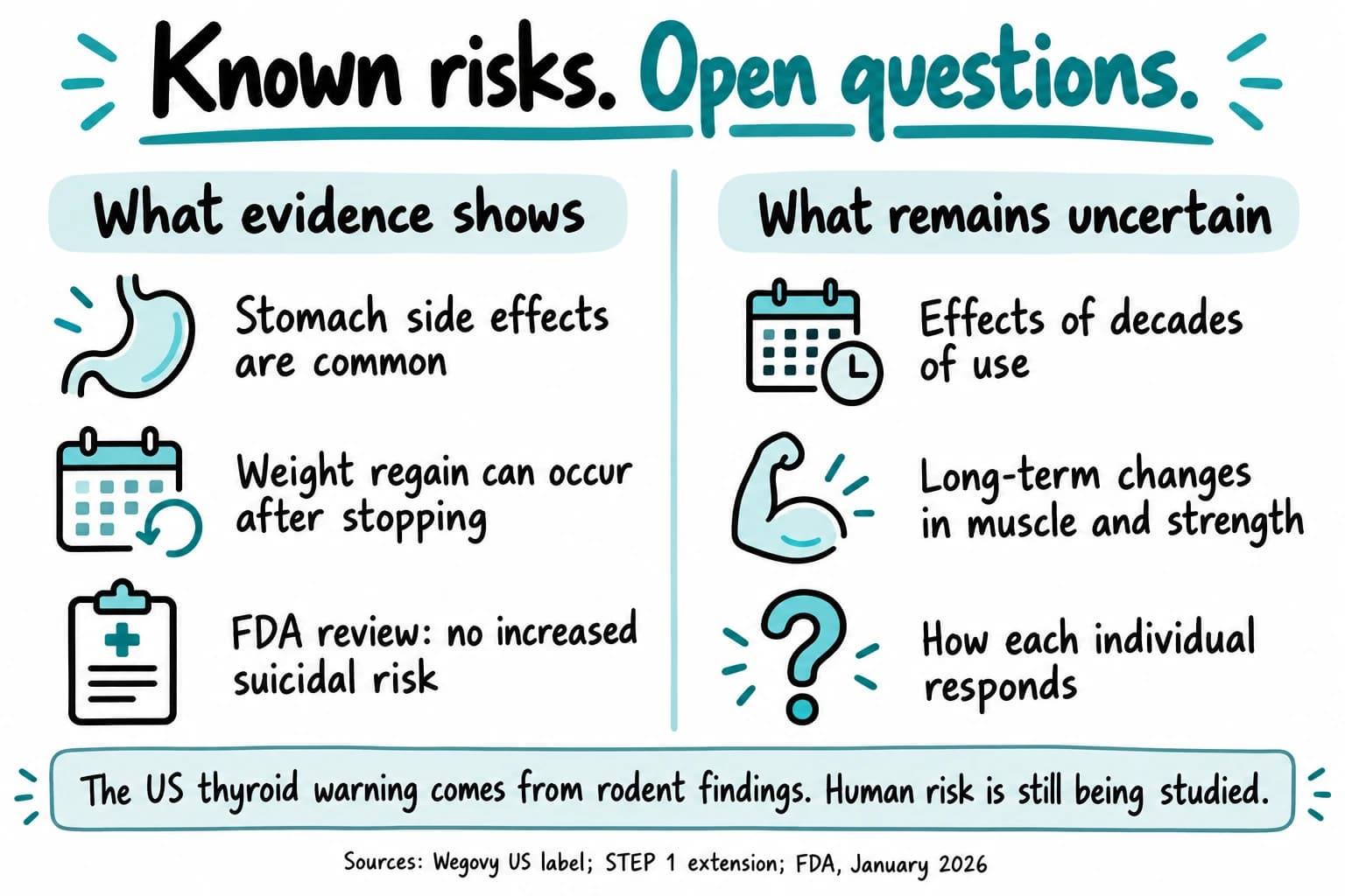 Known evidence includes common stomach side effects, possible regain after stopping, and the FDA review finding no increased suicidal risk. Open questions include decades of use, muscle and strength over time, and individual response.