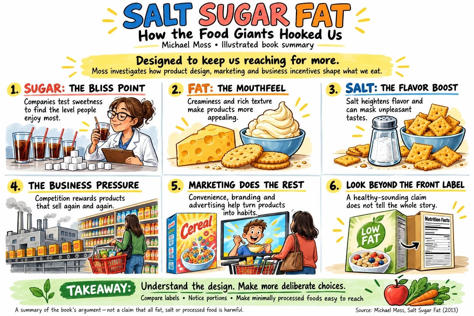 Illustrated summary of Salt Sugar Fat by Michael Moss in six panels: sugar and the bliss point, fat and mouthfeel, salt as a flavor boost, business pressure, marketing, and looking beyond the front label.