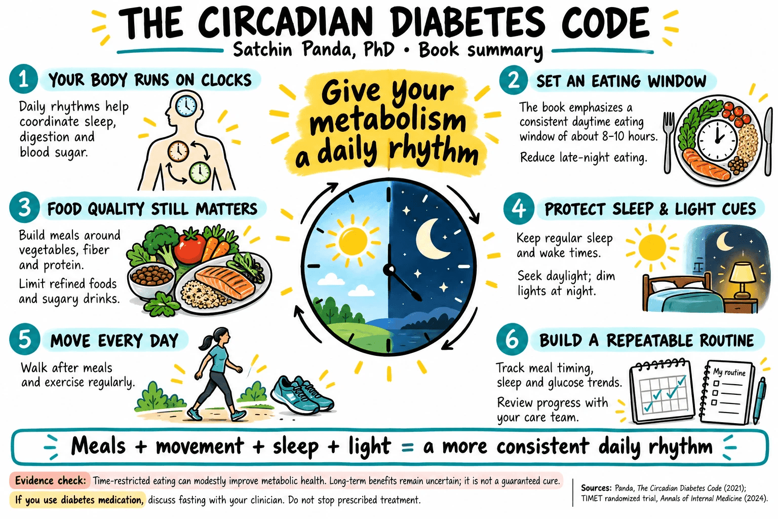The Circadian Diabetes Code in one picture: body clocks, an 8 to 10 hour eating window, food quality, sleep and light, daily movement, and a repeatable routine around a day-and-night clock.