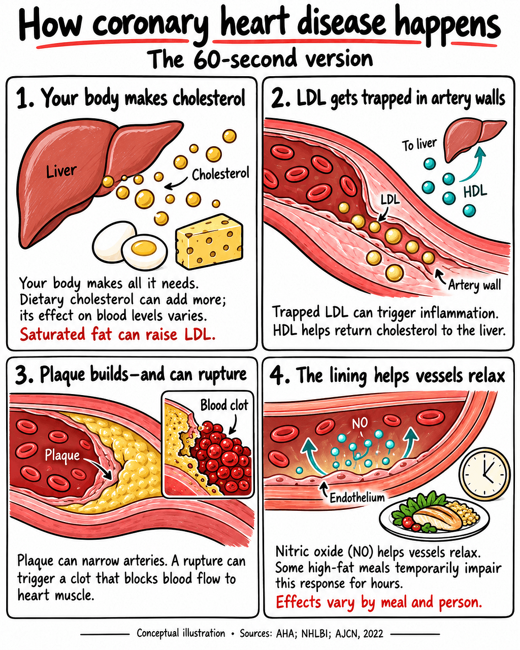 Four-panel illustration explaining cholesterol, artery-wall plaque, clot formation, and the endothelium