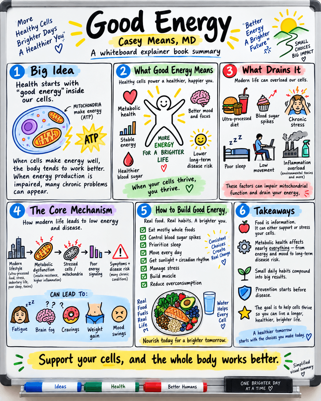 Whiteboard summary of Casey Means’s Good Energy, illustrating the book’s ideas about cellular energy, metabolism and daily habits.
