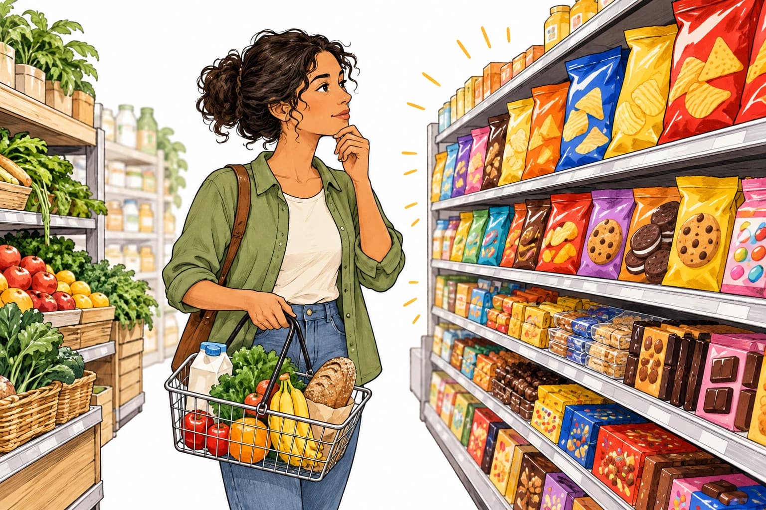 A shopper considers colorful packaged foods and fresh groceries in a store aisle.