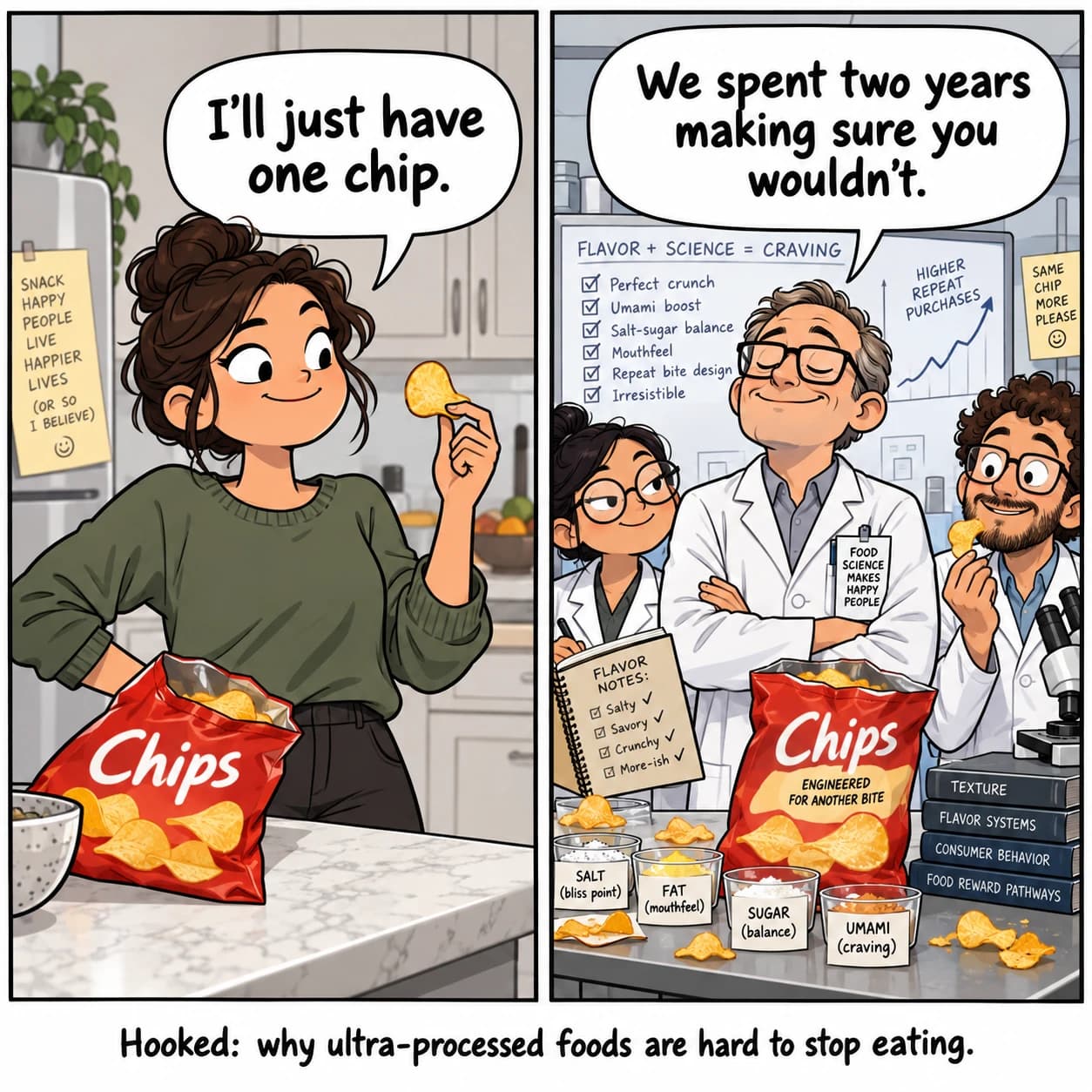 Two-panel comic: a woman says, ‘I’ll just have one chip.’ A food scientist replies, ‘We spent two years making sure you wouldn’t.’