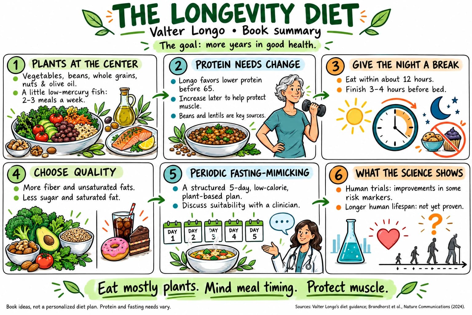 The Longevity Diet by Valter Longo: plant-centered meals, changing protein needs, meal timing, food quality, periodic fasting-mimicking diets, and what human research shows.