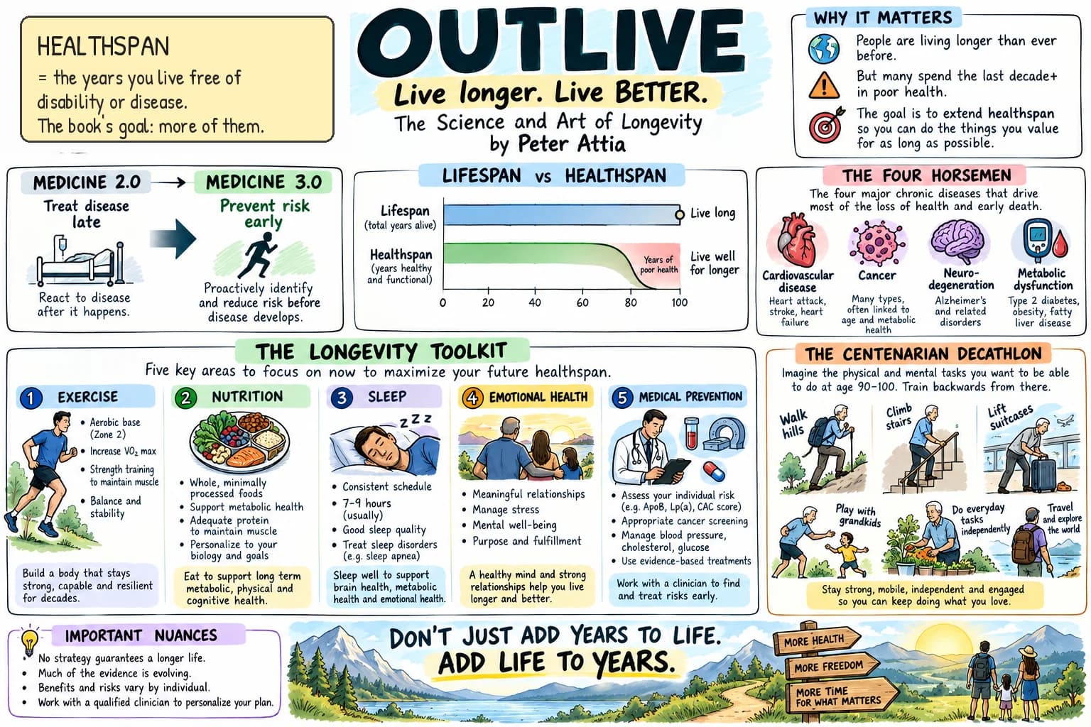 Whiteboard summary of Outlive by Peter Attia: healthspan means the years you live free of disability or disease; Medicine 2.0 treats disease late while Medicine 3.0 prevents risk early; lifespan versus healthspan; the Four Horsemen (cardiovascular disease, cancer, neurodegeneration, metabolic dysfunction); the longevity toolkit (exercise, nutrition, sleep, emotional health, medical prevention); the centenarian decathlon (walk hills, climb stairs, lift suitcases, play with grandkids); important nuances (no strategy guarantees a longer life, work with a clinician). Big idea: don’t just add years to life, add life to years.