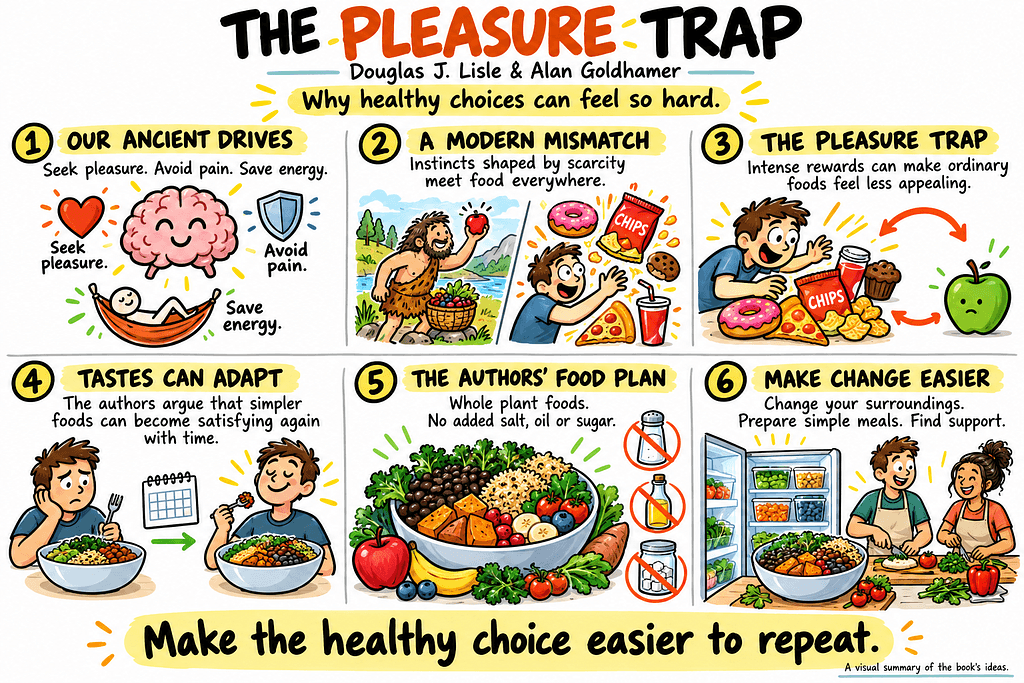 Six-panel visual summary of The Pleasure Trap: ancient drives, modern food, taste adaptation, and making healthy choices easier