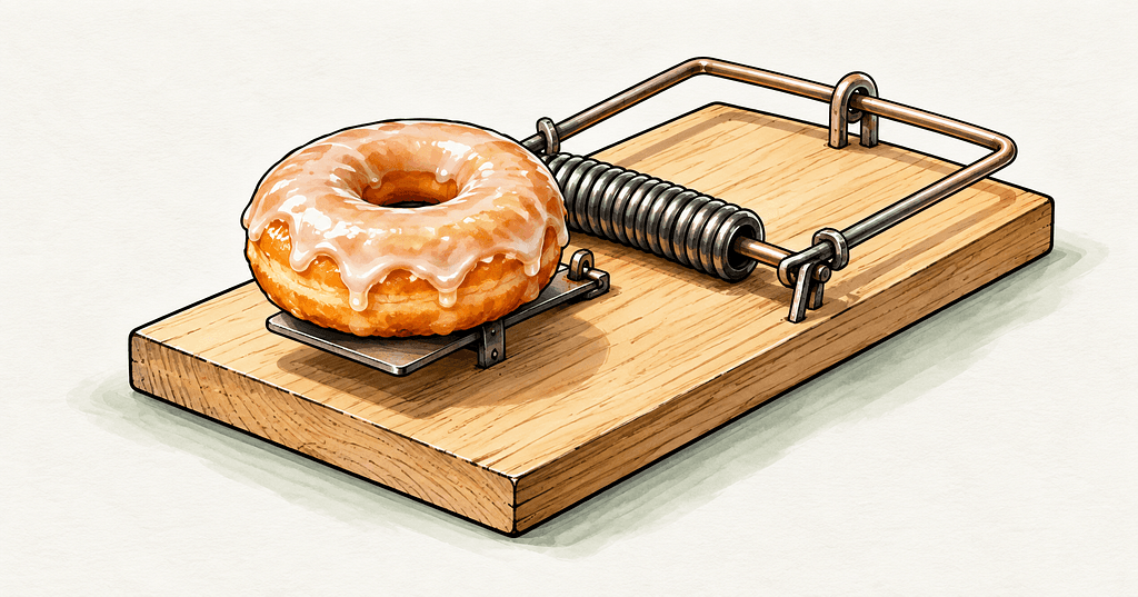 A doughnut on a mousetrap, illustrating the book’s pleasure-trap metaphor