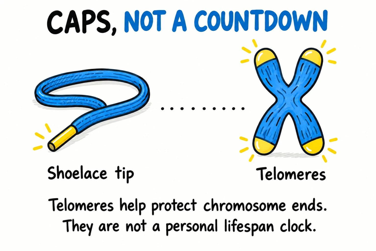 A shoelace tip beside a chromosome with highlighted telomeres: protective caps, not a personal lifespan clock.