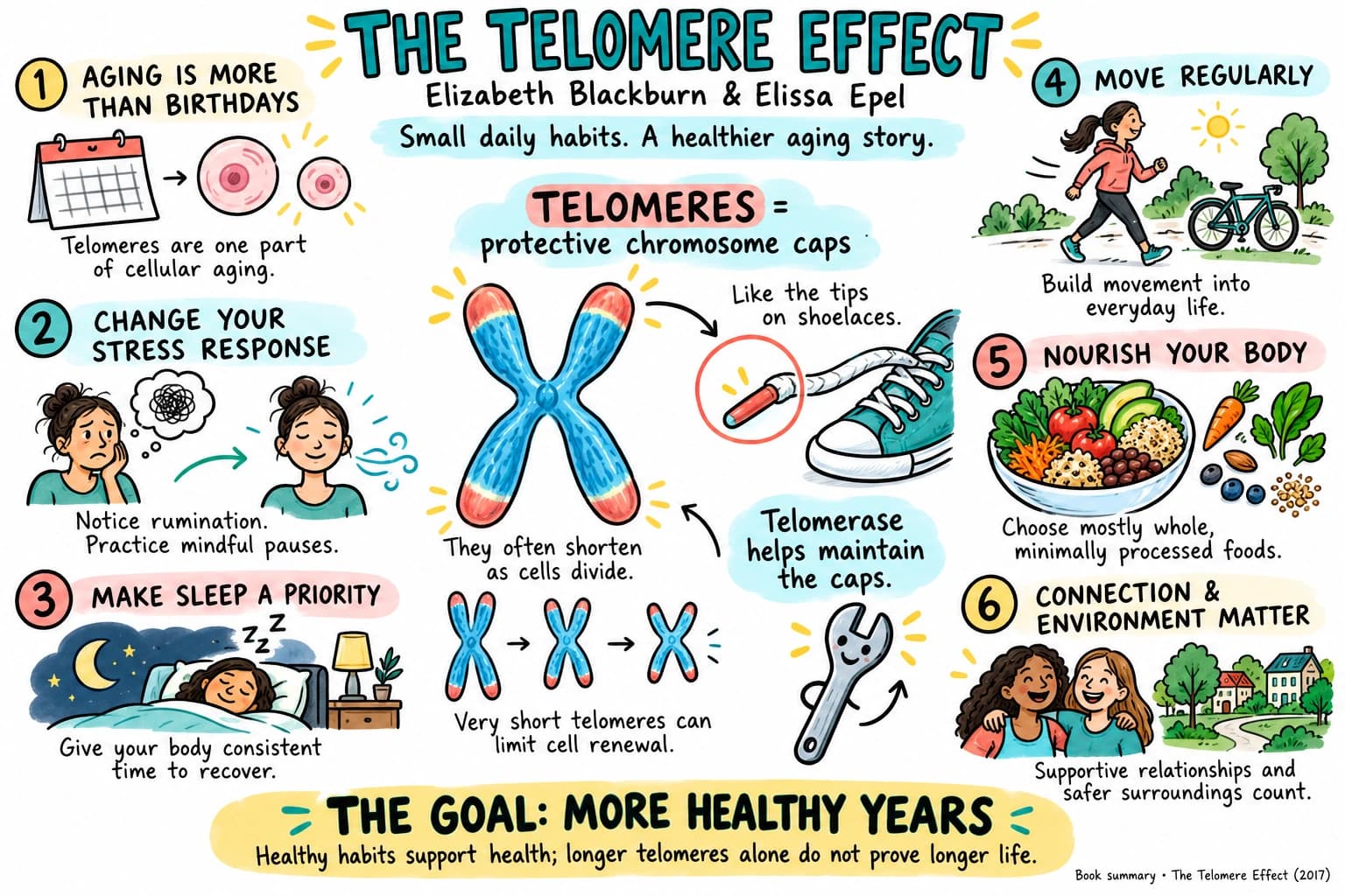 The Telomere Effect by Elizabeth Blackburn and Elissa Epel: protective chromosome caps, stress responses, sleep, movement, nourishing food, and supportive surroundings. Longer telomeres alone do not prove longer life.