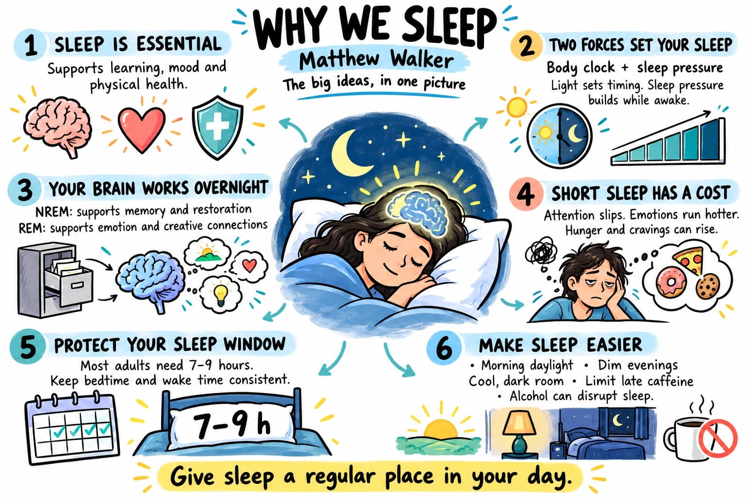 Why We Sleep by Matthew Walker: sleep supports health, body clock and sleep pressure, overnight brain activity, effects of short sleep, a regular sleep window, and habits that make sleep easier.