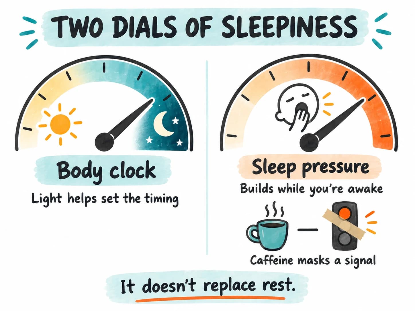 Two dials of sleepiness: light helps set the body clock; sleep pressure builds while awake. Caffeine masks a signal but does not replace rest.