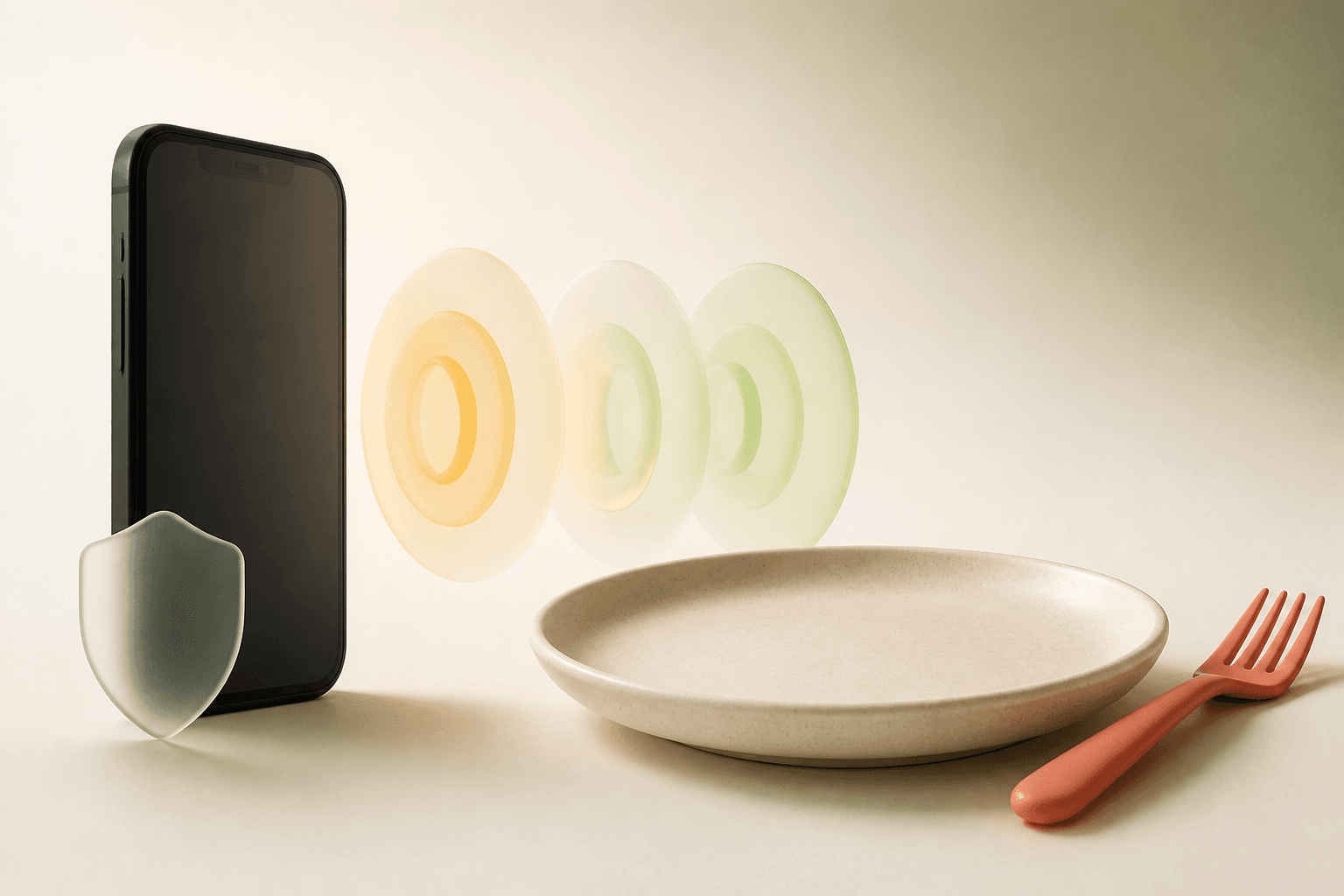 A phone, plate, and soft amber-to-green rings representing MealCam observing the rhythm between bites on-device